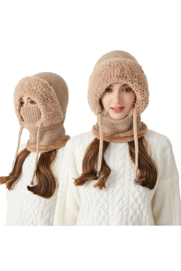 3-in-1 Winter Balaclava for Women, Women's Outdoors Windproof Scarf Hat, Warm Neck Knitted Hat Sets Tan