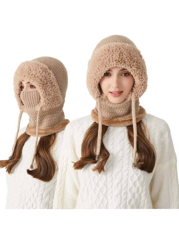 3-in-1 Winter Balaclava for Women, Women's Outdoors Windproof Scarf Hat, Warm Neck Knitted Hat Sets Tan
