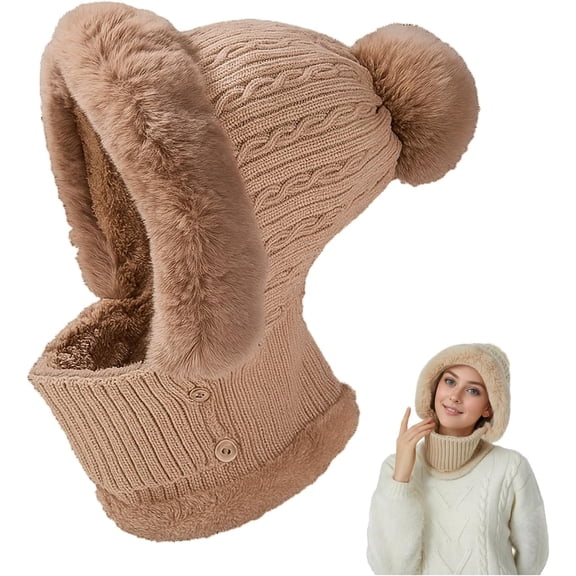 3-in-1 Winter Beanie Hat with Ear Flaps & Neck Warmer – Fleece Lined Knit Pom Pom Ski Hat | Cozy Women's Cold Weather Scarf Mask Set for Outdoor Snow Activities