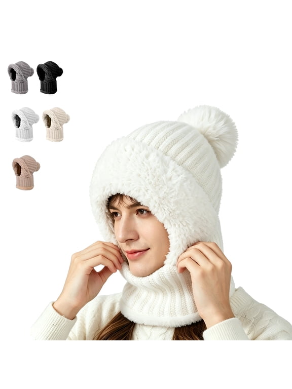 3-in-1 Winter Beanie Hat with Built-In Scarf and Hood, Plush-Lined Knit Windproof Head and Neck Cover for Outdoor Wear