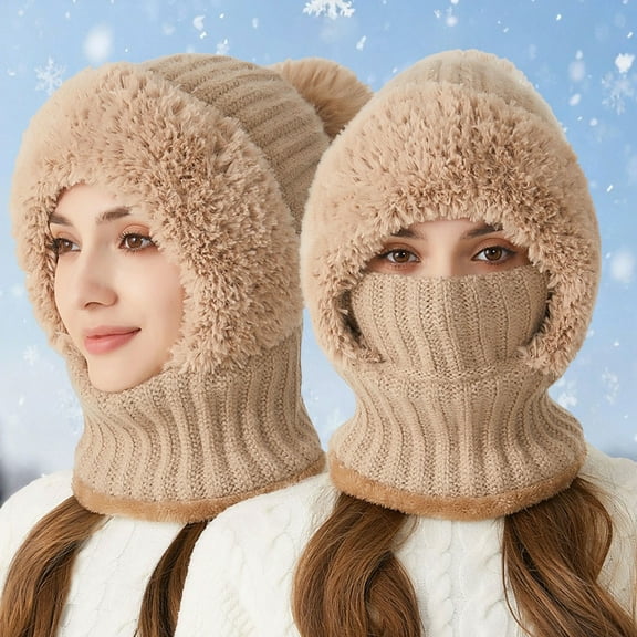 3-in-1 Winter Beanie with Ear Flaps Neck Warmer & Face Mask - Cozy Fleece-Lined Knit Hat for Women Perfect for Outdoor Cycling