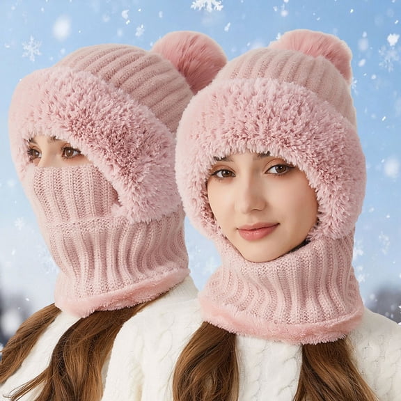 3-in-1 Winter Beanie with Ear Flaps Neck Warmer & Face Mask - Cozy Fleece-Lined Knit Hat for Women Perfect for Outdoor Cycling