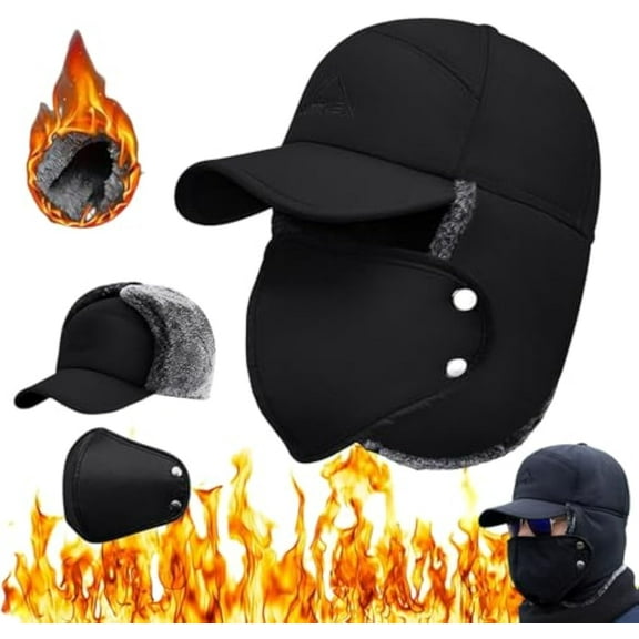 3 in 1 Winter Essentials Warm Hat, Unisex Thermal Fur Lined Trapper Hat with Ear Flap Full Face Warmer Cover Windproof(Black)