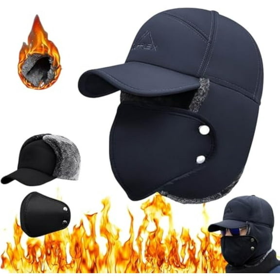 3 in 1 Winter Essentials Warm Hat, Unisex Thermal Fur Lined Trapper Hat with Ear Flap Full Face Warmer Cover Windproof(Blue)
