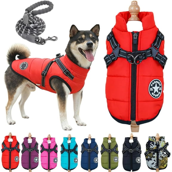 3 in 1 Winter Jacket, Fleece-Lined Dog Jacket with Harness, Waterproof & Windproof for Small/Medium/Large Dogs Cat
