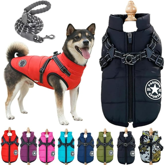 3 in 1 Winter Jacket for Dog Cat, Fleece-Lined Dog Jacket with Harness, Waterproof & Windproof