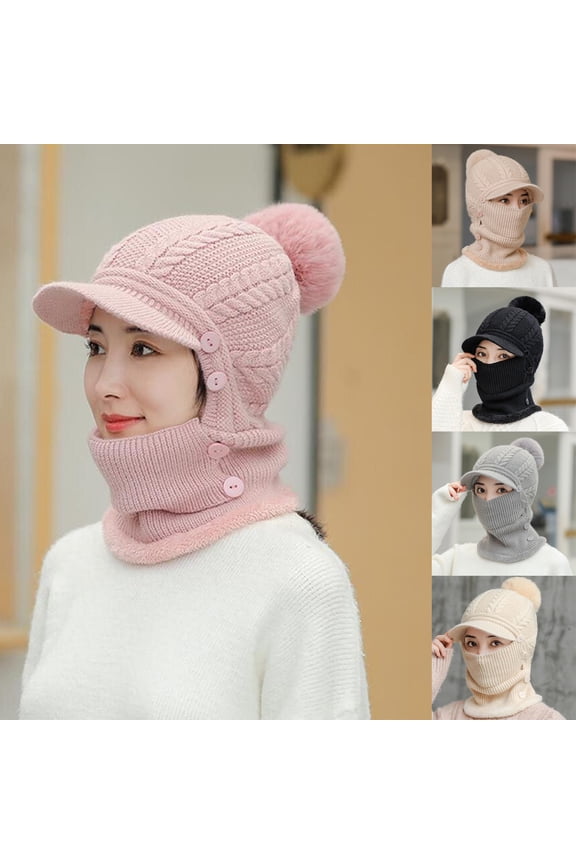 3 in 1 Winter Knitted Beanie Hat Face Neck Warmer Set for Women Girls Fleece Lining Ski Caps with Pompom