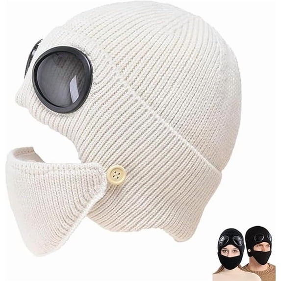 3-in-1 Winter Ski Hat, Beanie with Detachable Mask and Goggles, Unisex Thermal Knit Hat for Snowboarding Skiing, Cold Weather Outdoor Activity Set for Men Women
