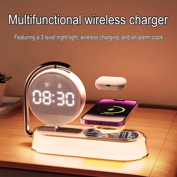 3-in-1 Wireless Charger with Digital Clock Display, 15W Fast Charging Station for Phone and Earbuds, Multi- Charging Stand with 3-Level Night Light and Alarm Function, W001 White