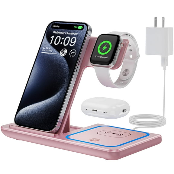3-in-1 Wireless Charger: Fast Charge for iPhone/Apple Watch/AirPods – Foldable, Pink