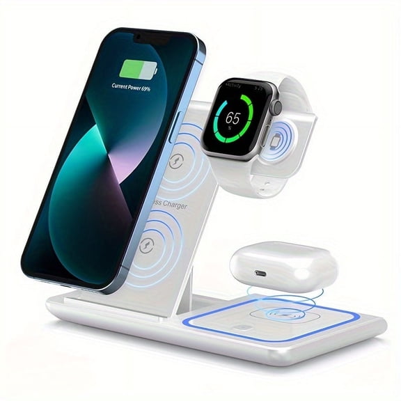 3-in-1 Wireless Charger: Fast Charge for iPhone/Apple Watch/AirPods – Foldable, White