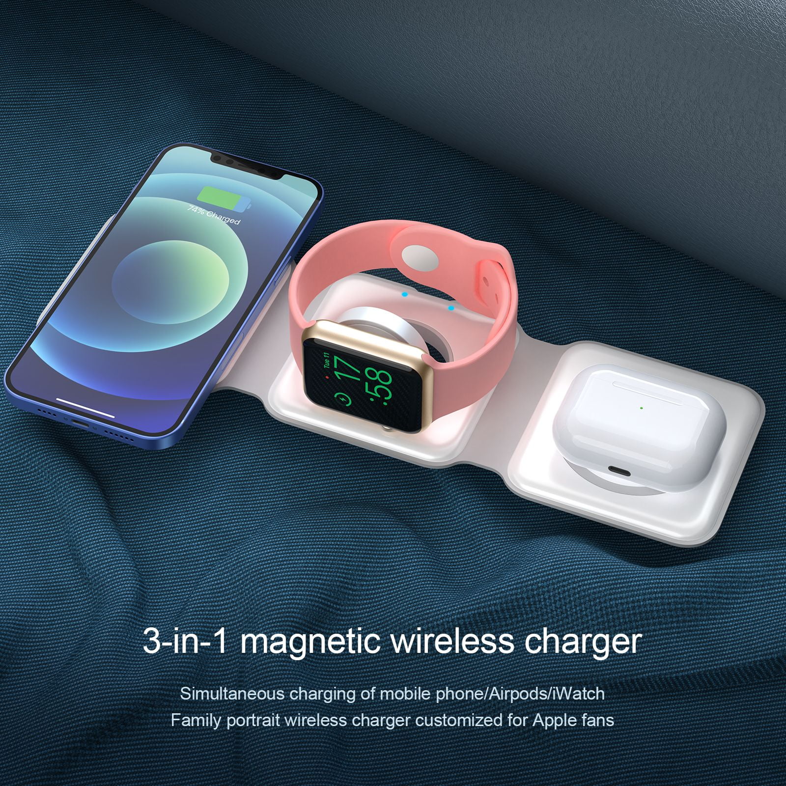 3-in-1 Wireless Charger Multifunctional Foldable Magnetic Travel Charger for Apple Watch Series1-9/SE/Ultra1`2, iPhone 17/16/15/14/13/12/11 Series & AirPods Portable On the Go