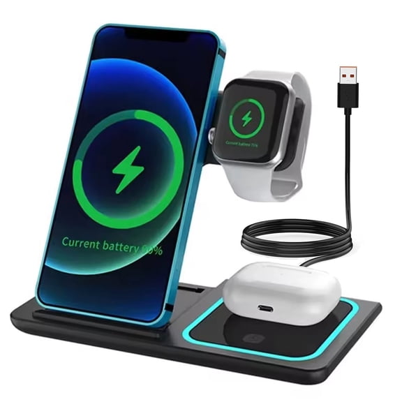 3-in-1 Wireless Charger Station for iPhone 17/16/15/14/13/12/Pro Max, Apple Watch Ultra 11/10/9/8/7/SE/6/5/4/3/2/1 & AirPods 4/3/Pro Samsung S24/S23/S22 Foldable Fast Charging Dock
