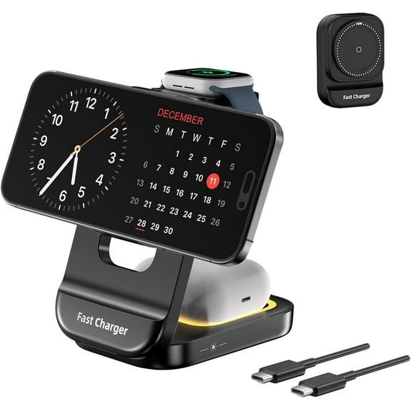 3-in-1 Wireless Charger Station for iPhone Mag-Safe Charger,15w Fast Foldable Wireless Charger Stand with Night Light,Office Home Travel Magnetic Phone Charger for iPhone16/15/14/13/12/iWatch/Airpods