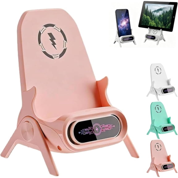 3-in-1 Wireless Charger with Bluetooth Speaker, 15W Fast Charging Station, Adjustable Phone Stand with LED Light for Desk (Pink)