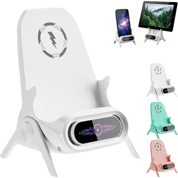 3-in-1 Wireless Charger with Bluetooth Speaker, 15W Fast Charging Station, Adjustable Phone Stand with LED Light for Desk (White)