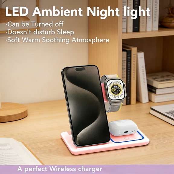 3-in-1 Wireless Charger with LED Light, Fast Charging for Phone Watch Earbuds, Compact for Travel, Ideal Gift