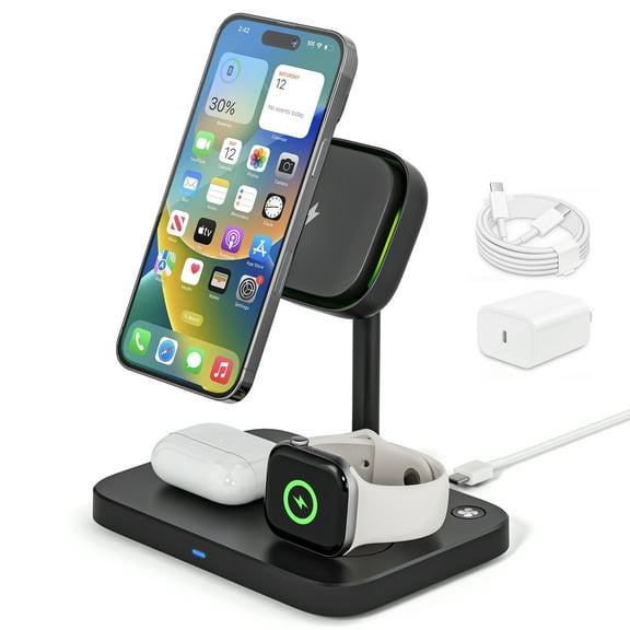 3-in-1 Wireless Charging Docking Station with Cooling Fan for iPhone 14 & iPhone 13 & iPhone 12 & iPhone 12 Pro Max, Apple Watch & Earphone, Black, 1 Total Count, 1 Pack