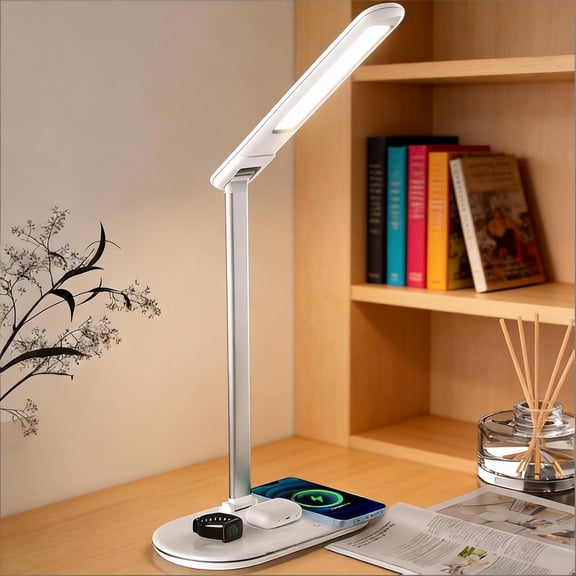 3-in-1 Wireless Charging Lamp with Adjustable Neck,Multi-Device Charging Station&Dimmable Desk Light,3 Color Modes,Touch Control,120 Wide Light for Home Office,Bedside,HYT2096 White.