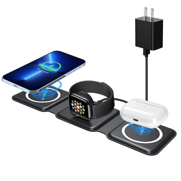 3-in-1 Wireless Charging Pad Portable Magnetic Foldable Travel Charger with Adapter for iPhone 13 /12/Pro/Max,For iWAtch,For airpods 3/2/Pro, Black
