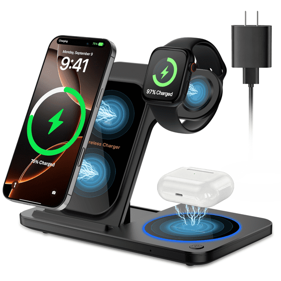 3-in-1 Wireless Charging Station, 22W Fast Charging Stand, Qi Certified Wireless Charger for iPhone 8-18Pro Max, Apple Watch 7/8/9/10 SE, AirPods 2/3/4 Pro, Samsung/Huawei, Portable Charger, Black