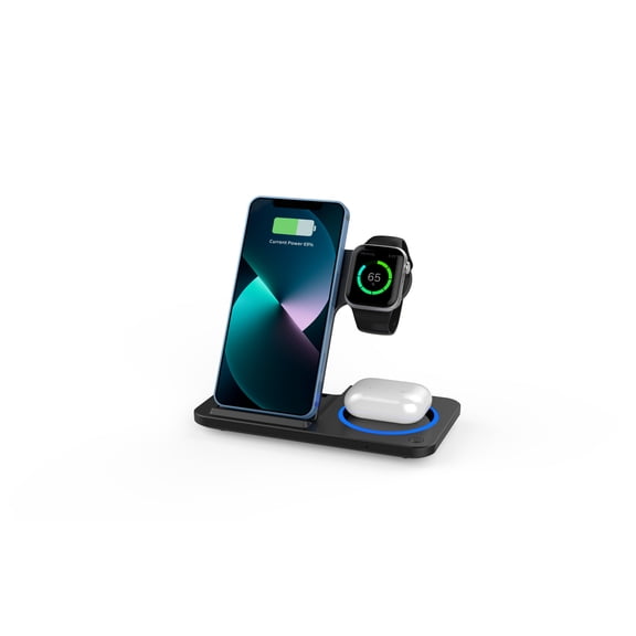 3-in-1 Wireless Charging Station, 22W Fast Charging Stand, Qi Certified Wireless Charger for iPhone 8-18Pro Max, Apple Watch 7/8/9/10 SE, AirPods 2/3/4 Pro, Samsung/Huawei, Portable Charger, Black
