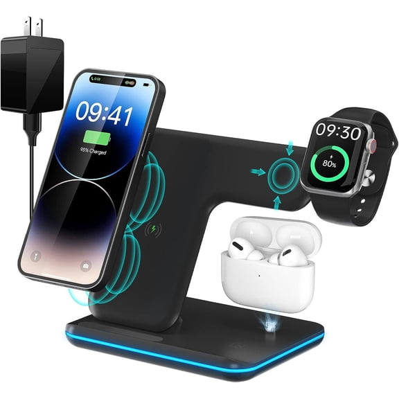 3-in-1 Wireless Charging Station Stand for iPhone 16/15/14/13/12 Series, Apple Watch Ultra/SE/9-2, AirPods Pro/4/3/2 - Adjustable Dual View with LED Indicator Lights