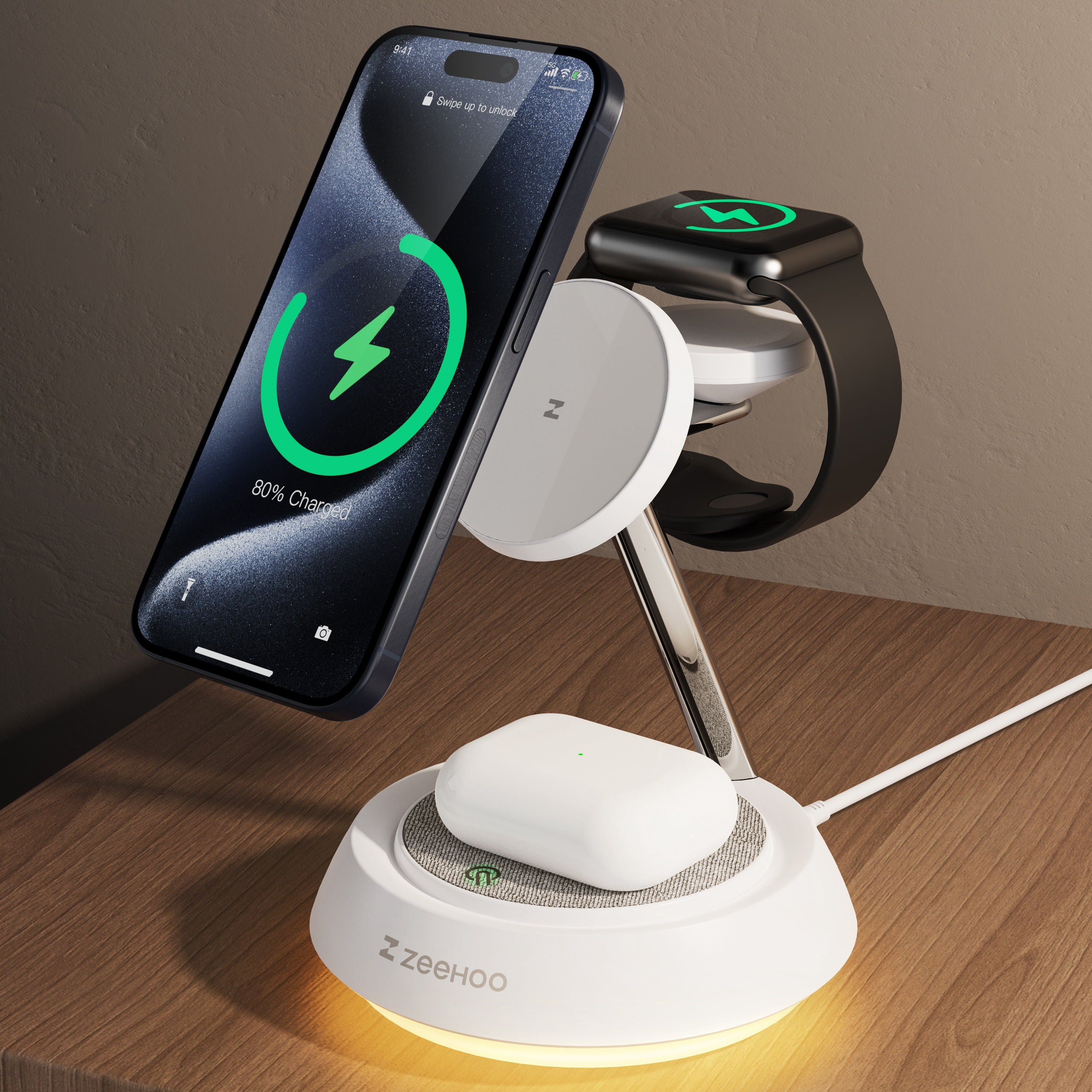 3-in-1 Wireless Charging Station with Night Light, Fast Charger for iPhone 15 14 13 12, Apple Watch 9/8/7/6/5/4/SE, AirPods Pro 3/2, Smart Watch