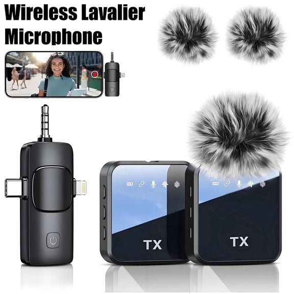 3-in-1 Wireless Lavalier Microphone Compatible for iPhone, Android & Camera, Mini Clip-On Mic with 150ft Transmission, 18H Battery, Plug & Play for Interview, Vlog, YouTube, TikTok Recording, Black