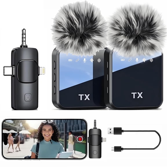 Wireless Lavalier Microphone Compatible for iPhone,Android & Camera,Mini Clip-On Mic with 150ft Transmission,18H Battery,Plug & Play for Interview,Vlog, YouTube,TikTok Recording