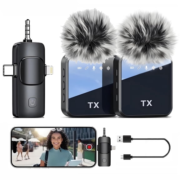 3-in-1 Wireless Lavalier Microphone Compatible for iPhone, Android & Camera, Mini Clip-On Mic with 150ft Transmission, 18H Battery, Plug & Play for Interview, Vlog, YouTube, TikTok Recording, Black