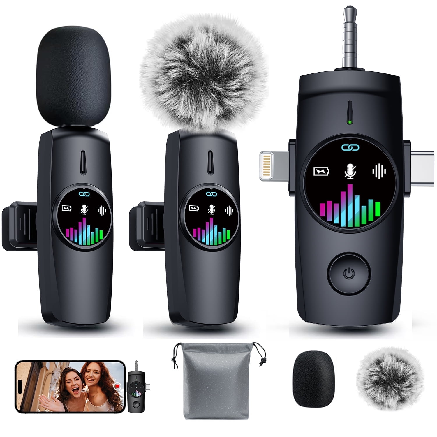 Skdwakiz 3 in 1 Wireless Lavalier Microphone: Professional Mini Mic for iPhone, Android, Camera - Lapel Microphone with Noise Canceling/Plug and Play/Real-Time Monitoring for Video Recording