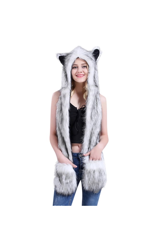 3 in 1 Women Girls Cute Cartoon Full Faux Furry Hoods with Ear Flaps Scarf Spirit Paws Mittens Gloves Set Thick Warm Plush Christmas Costume