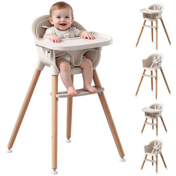 Fodoss 3-in-1 Wooden High Chair for Babies and Toddlers Easy Clean Baby Feeding Chair with Sponge Cushion Beige