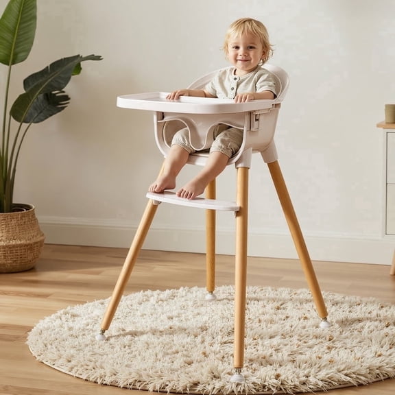 FOSSA 3-in-1 Wooden High Chair for Babies and Toddlers Easy Clean Baby Feeding Chair with Sponge Cushion Beige