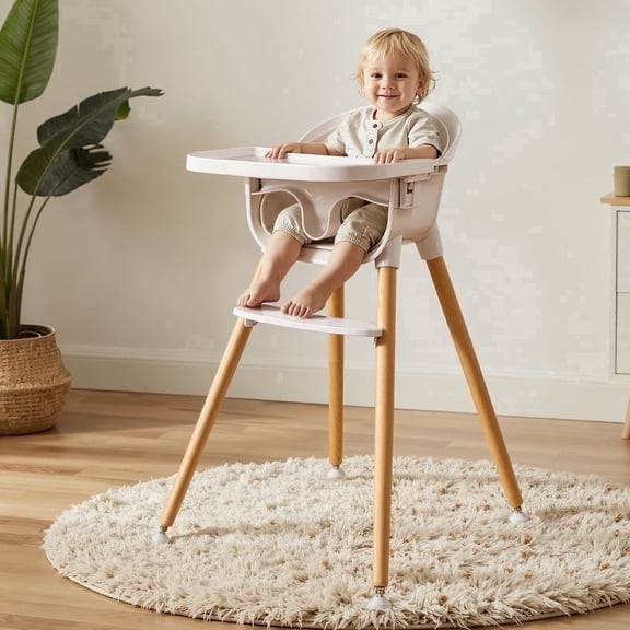 FOSSA 3-in-1 Wooden High Chair for Babies and Toddlers Easy Clean Baby Feeding Chair with Sponge Cushion Beige