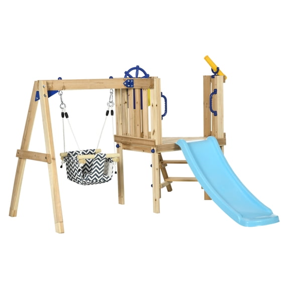 3 in 1 Wooden Set Outdoor Playset with Baby Seat, Toddler Slide, Captain's Wheel, Telescope, Kids Backyard Equipment, Ages 1.5-4