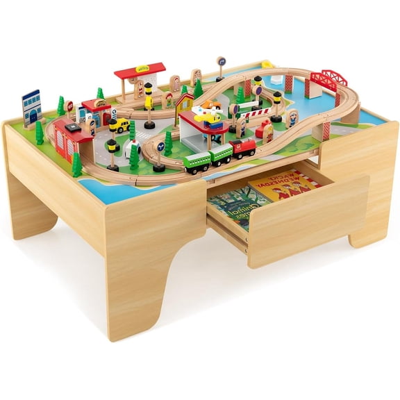 3-in-1 Wooden Train Table with Reversible Track Set and Storage Drawer for Kids Aged 18 Months+