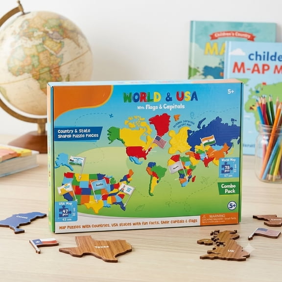 3-in-1 World & USA Map Educational Puzzle Set with Europe Map, Soft EVA Foam Geography Toy with 125+ Flag Pins & Capitals, Interactive Learning Gift for Kids