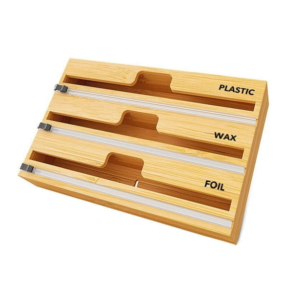 3 in 1 Wrap Organizer with Cutter and Labels, Plastic Wrap, Wall Mount Wrap Organizer Bamboo Dispenser for Kitchen Storage Organization Holder