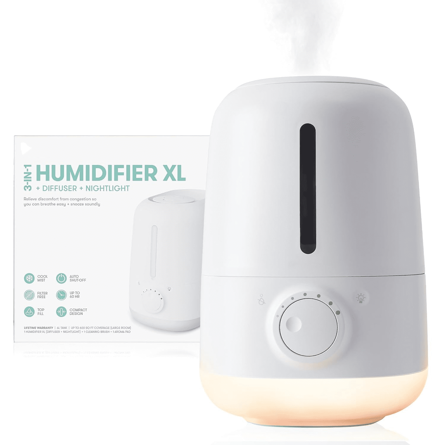 3-in-1 XL Top Fill Humidifier for Bedroom, Cold & Flu Relief, 6L Tank Cool Mist Humidifier + Diffuser for Large Rooms, Mold Resistant, Nightlight, Auto-Off, Quiet, Essential Oil Diffuser