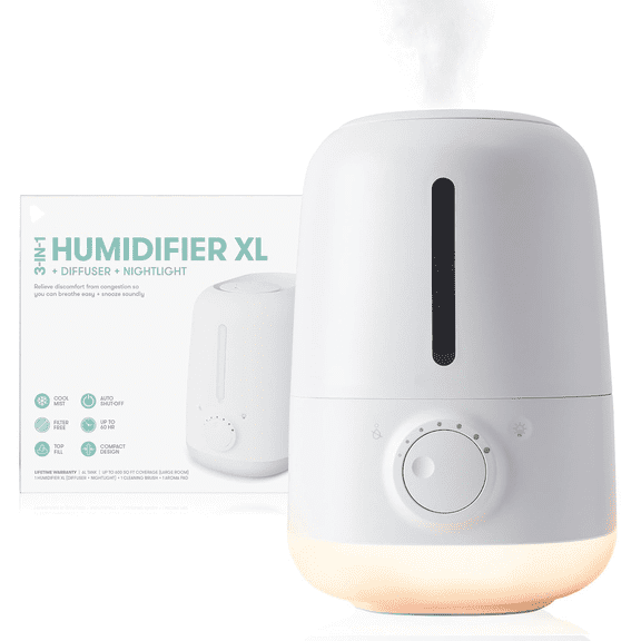 3-in-1 XL Top Fill Humidifier for Bedroom, Cold & Flu Relief, 6L Tank Cool Mist Humidifier + Diffuser for Large Rooms, Mold Resistant, Nightlight, Auto-Off, Quiet, Essential Oil Diffuser