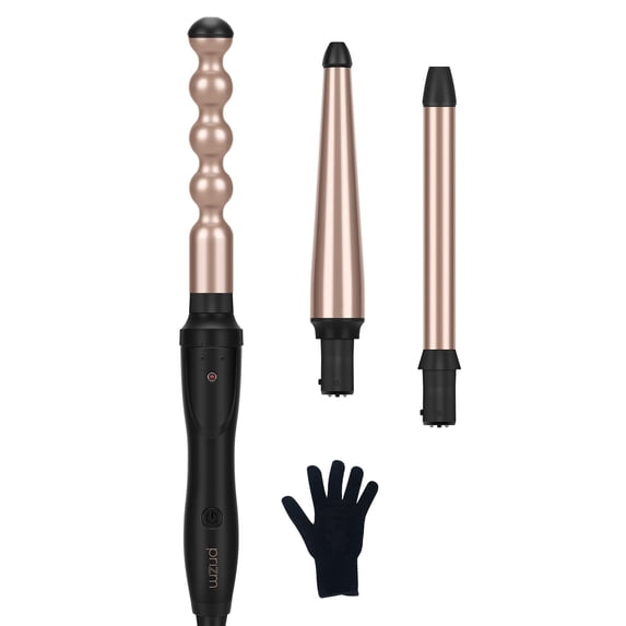 Prizm 3-in-1 Interchangeable Barrel Curling Wand Set-0.6 to 1 Inch Tapered Curling Iron with 1 Inch Round Brush, Dual Voltage Travel Hair Wand Curler, Fast Heat, Ionic Anti Frizz Champagne Gold