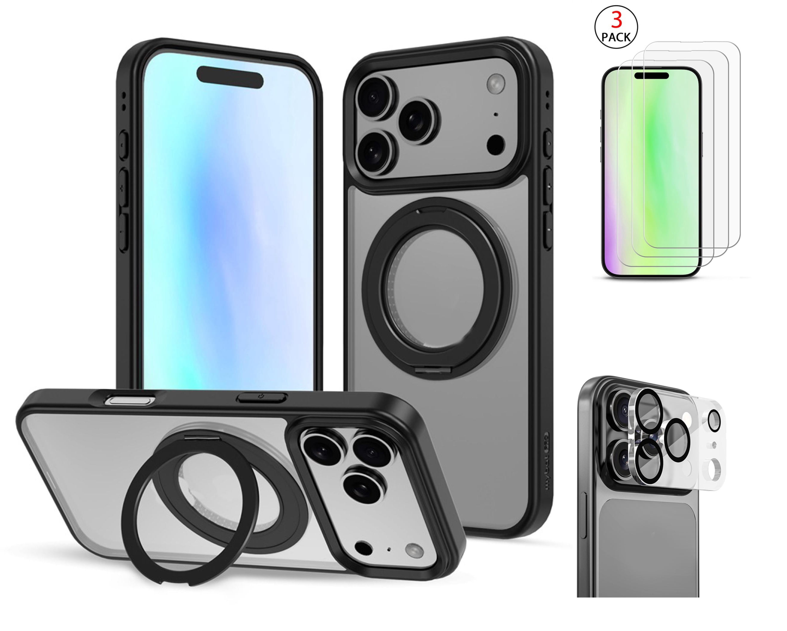 3-in-1 iPhone 17 Pro Max Protection Bundle – 3-Pack Tempered Glass Screen Protectors, Camera Lens Protector & 360° Ring Stand Case