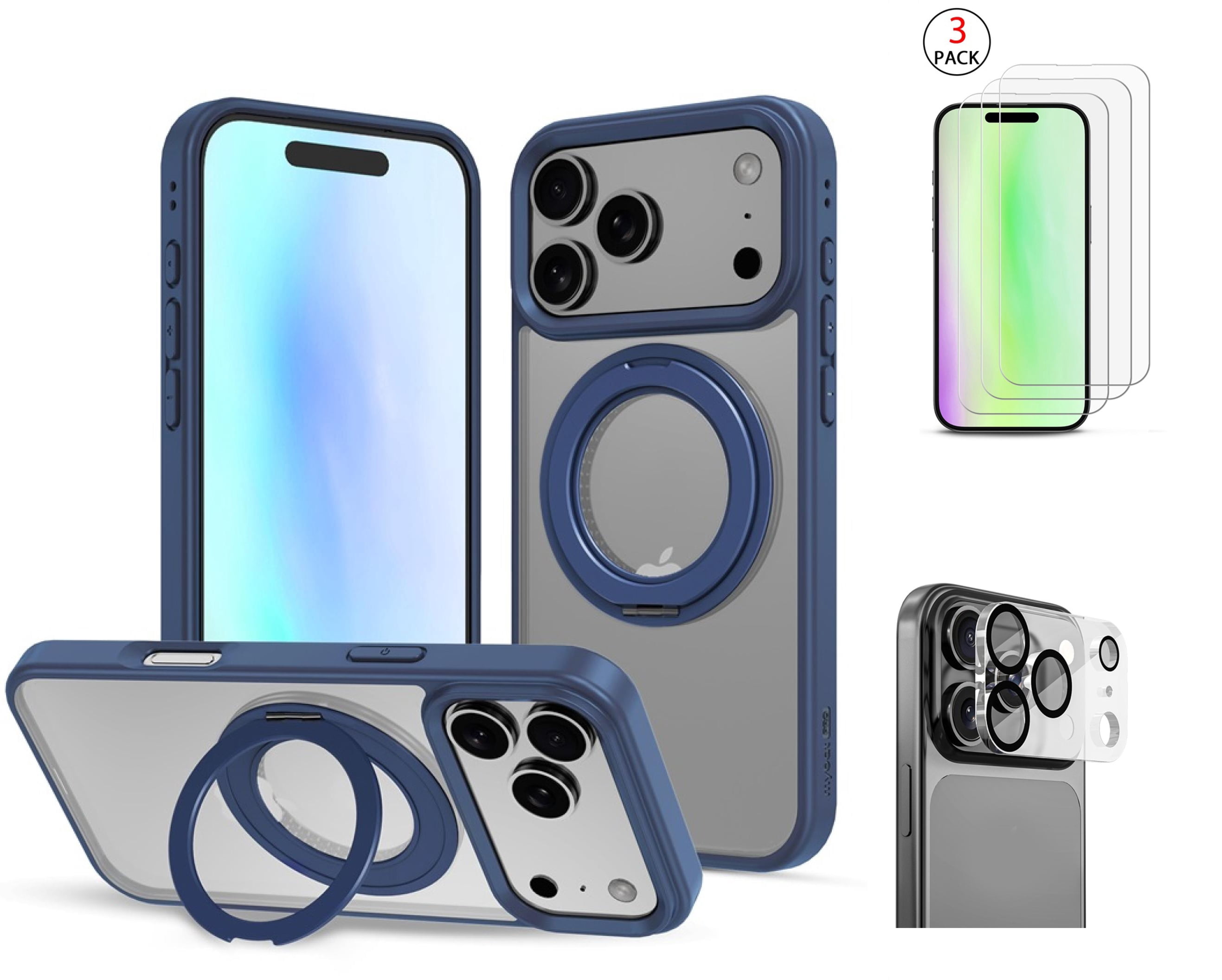 3-in-1 iPhone 17 Pro Protection Bundle – 3-Pack Tempered Glass Screen Protectors, Camera Lens Protector & 360° Ring Stand Case
