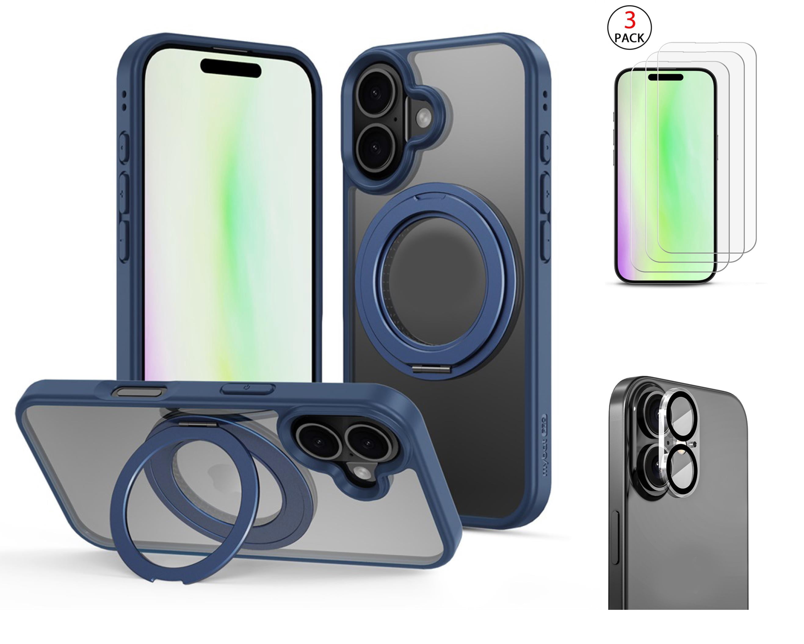 3-in-1 iPhone 17 Protection Bundle – 3-Pack Tempered Glass Screen Protectors, Camera Lens Protector & 360° Ring Stand Case