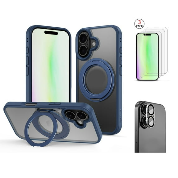 3-in-1 iPhone 17 Protection Bundle – 3-Pack Tempered Glass Screen Protectors, Camera Lens Protector & 360° Ring Stand Case