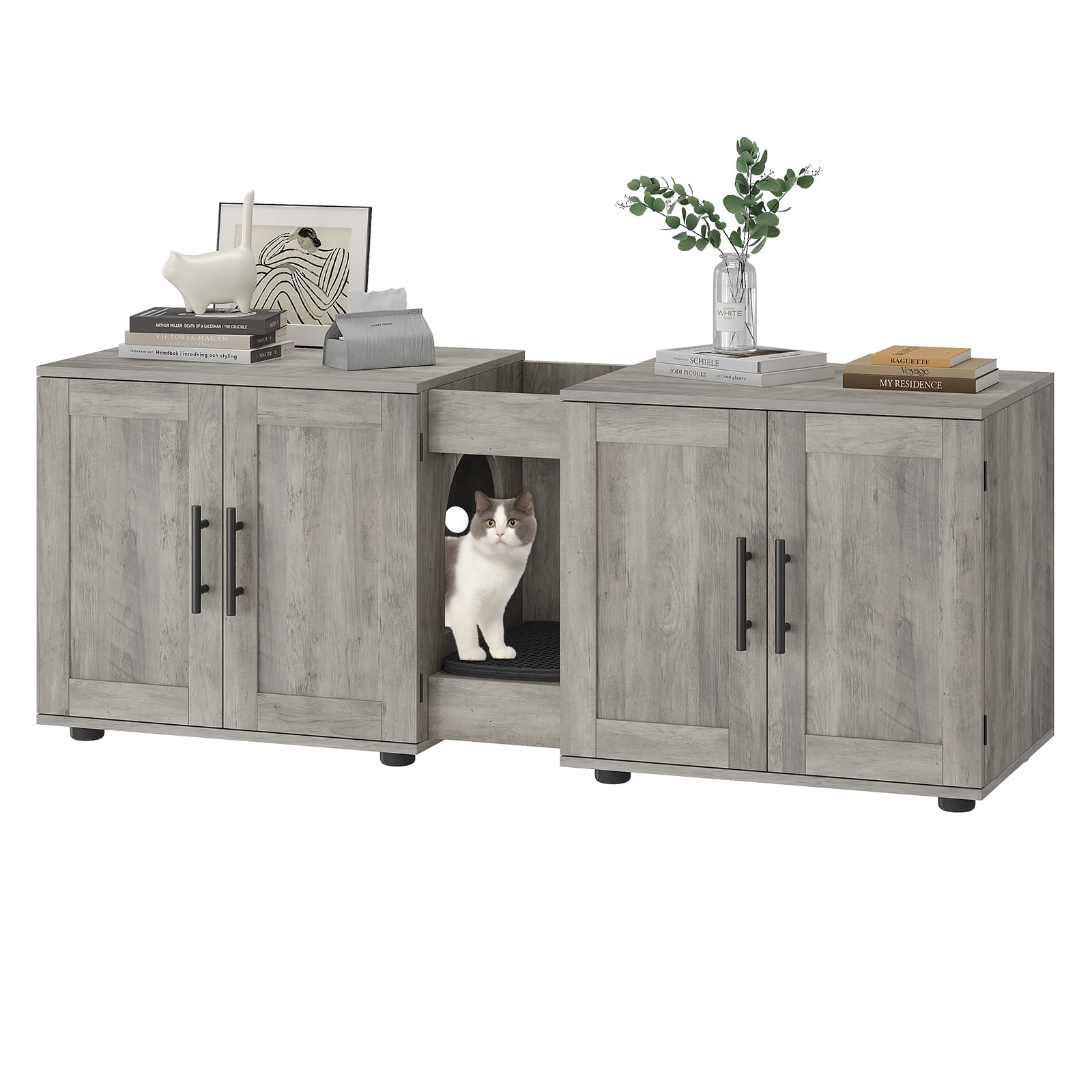 3-in-1Cat Litter Box Enclosure, 55 Inch Large Cat Box Enclosure with Double Rooms, Farmhouse Wooden Cat Washroom, Hidden Litter Box Furniture for Bedroom Living Room