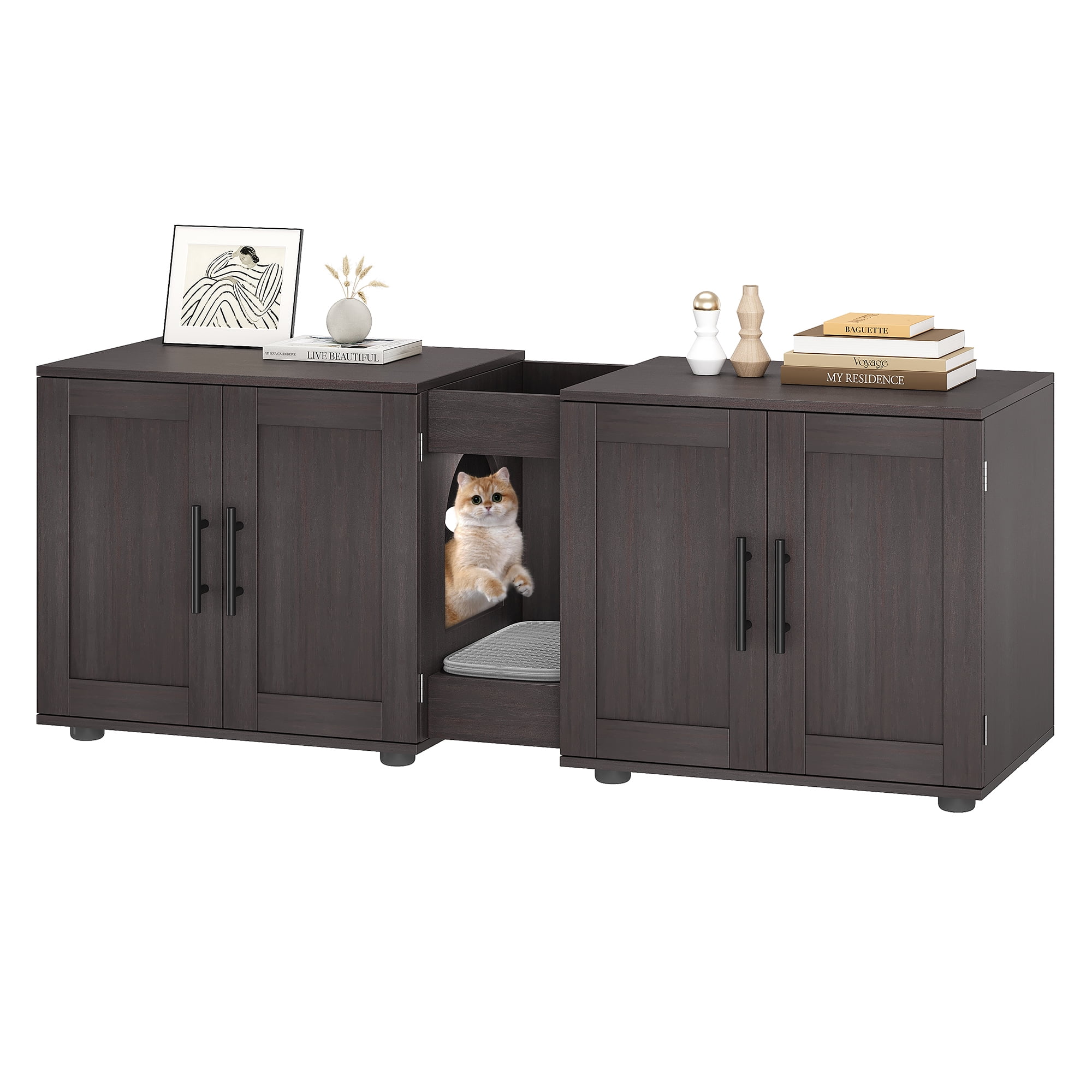 3-in-1Cat Litter Box Enclosure, 55 Inch Large Cat Box Enclosure with Double Rooms, Farmhouse Wooden Cat Washroom, Hidden Litter Box Furniture for Bedroom Living Room