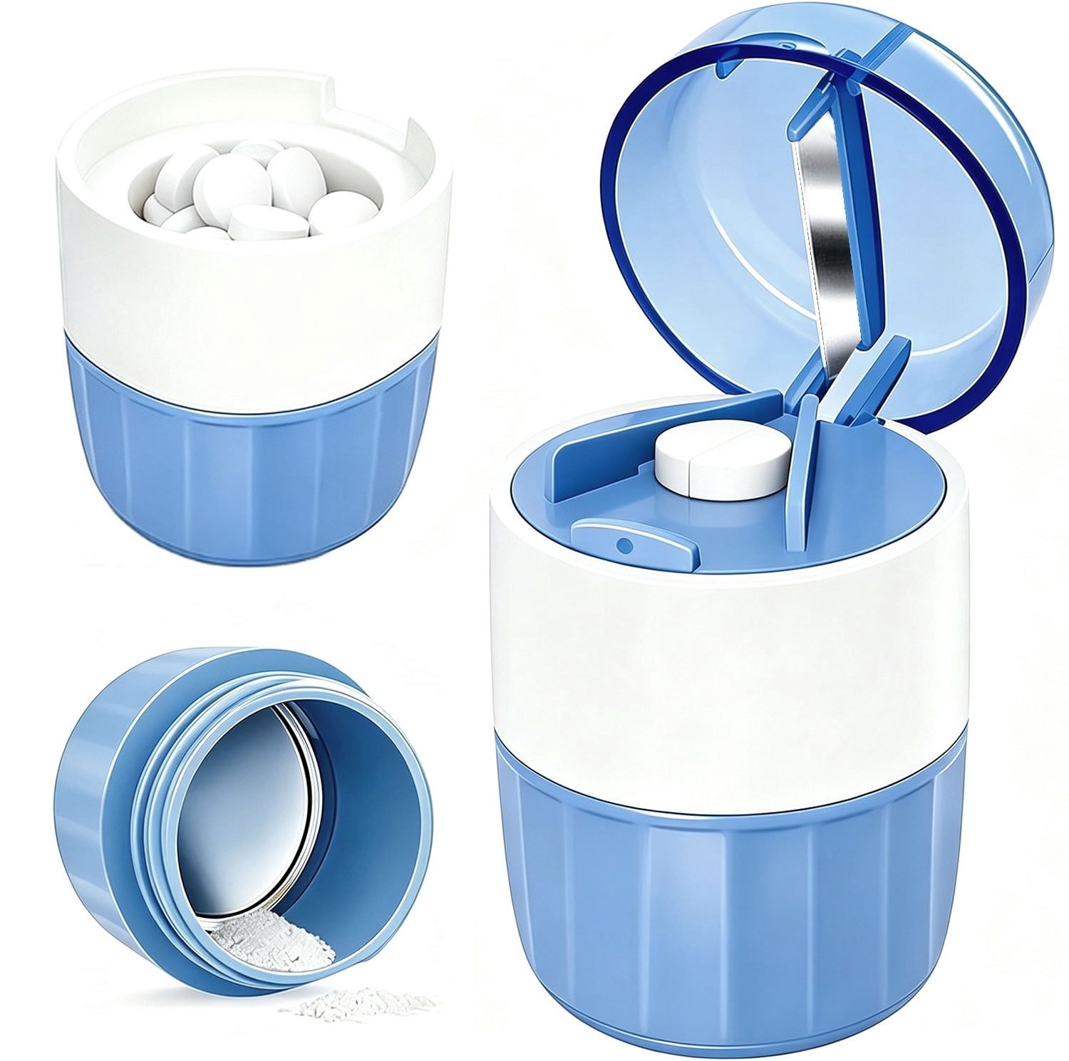 3‑in‑1 Pill Crusher and Pill Cutter, Portable Pill Grinder, Stainless Steel Grinder, Multifunctional Medicine Splitter with Pill Storage Container, Blue